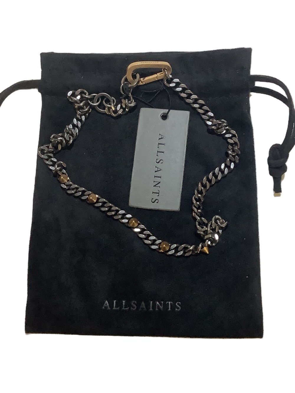 All Saints Hematite Gold Stud Carabiner Choker Necklace New - Picture 4 of 4